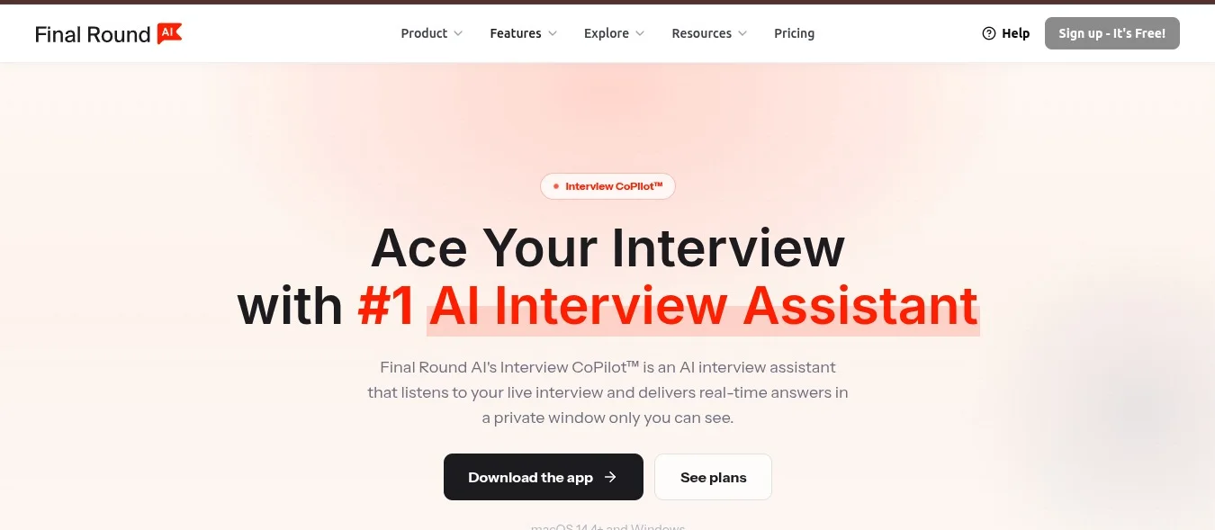 The Final Round AI homepage: "Ace Your Interview with #1 AI Interview Assistant"