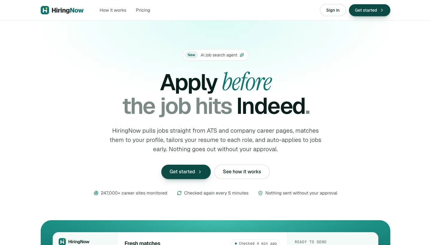 The HiringNow homepage: "Apply before the job hits Indeed"