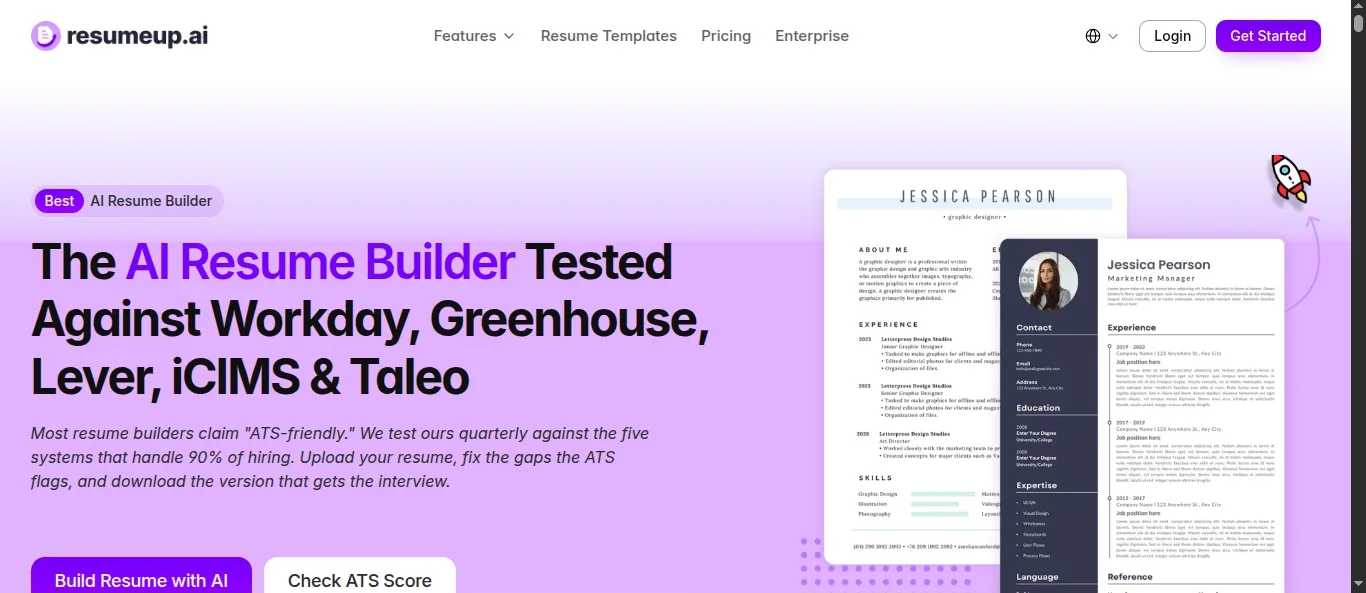 The ResumeUp.AI homepage: "The AI Resume Builder Tested Against Workday, Greenhouse, Lever, iCIMS & Taleo"