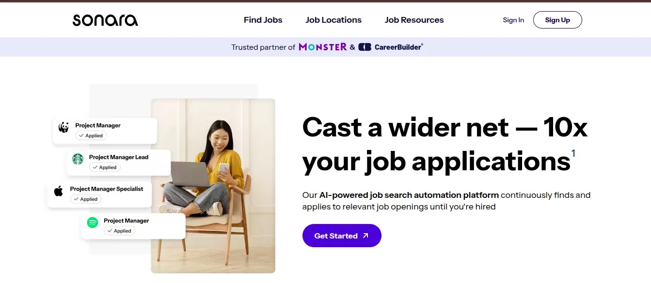 The Sonara homepage: "Cast a wider net — 10x your job applications"