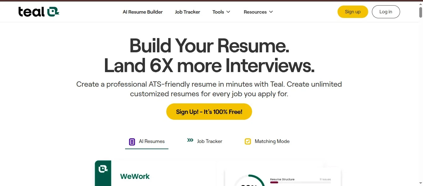 The Teal homepage: "Build Your Resume. Land 6X more Interviews."