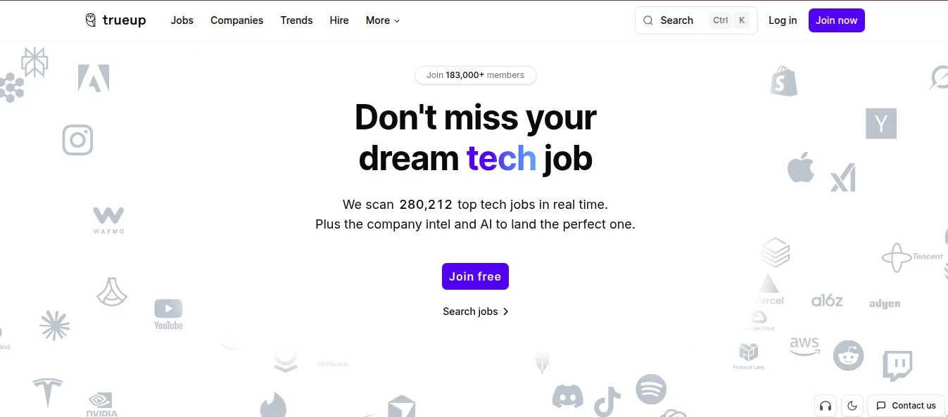 The TrueUp homepage: "Don't miss your dream tech job"