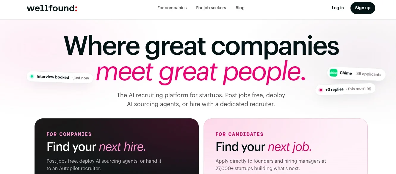 The Wellfound homepage: "Where great companies meet great people."