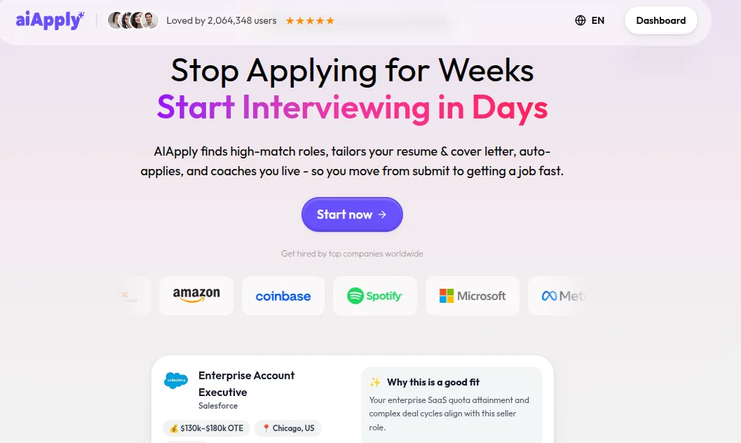 The AIApply homepage: "Stop Applying for Weeks, Start Interviewing in Days"
