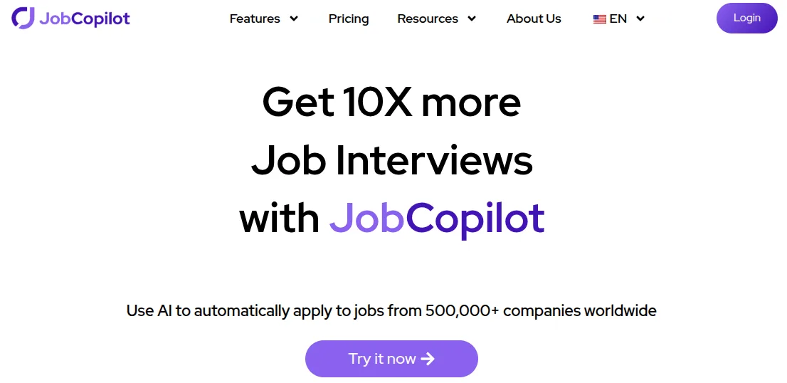 The JobCopilot homepage: "Get 10X more Job Interviews with JobCopilot"