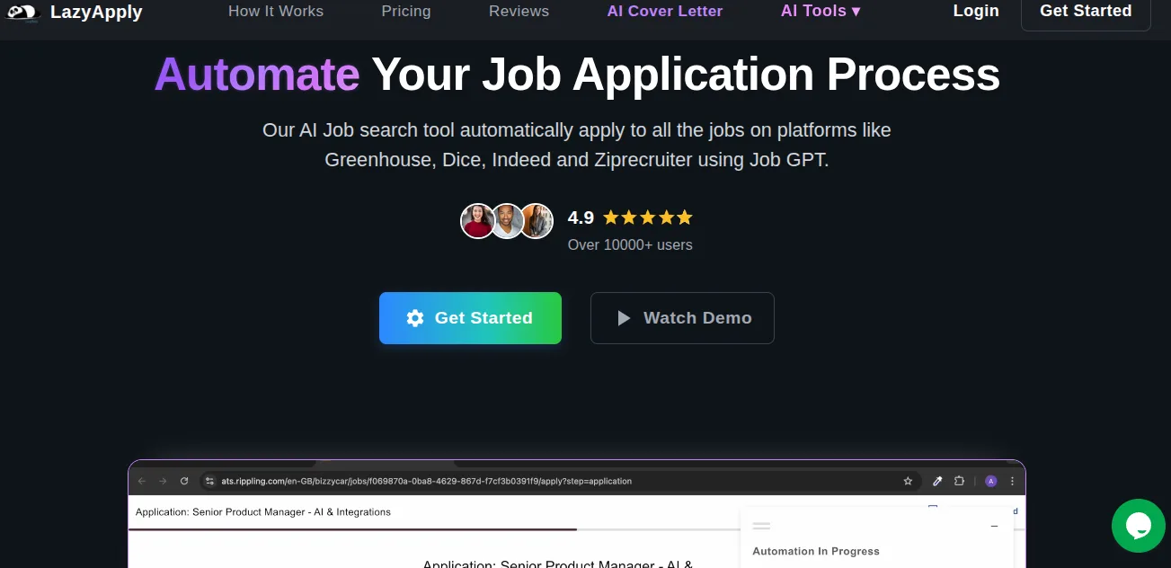 The LazyApply homepage: "Automate Your Job Application Process"