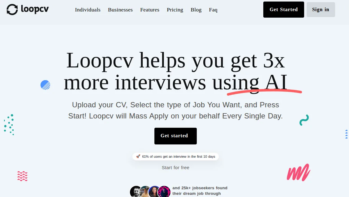 The LoopCV homepage: "Loopcv helps you get 3x more interviews using AI"