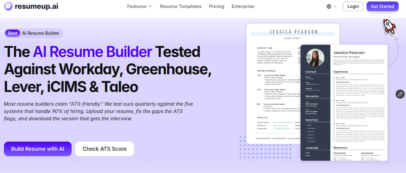 The ResumeUp.AI homepage: "The AI Resume Builder Tested Against Workday, Greenhouse, Lever, iCIMS & Taleo"
