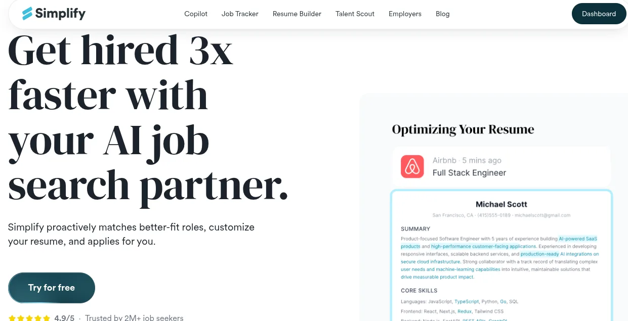 The Simplify homepage: "Get hired 3x faster with your AI job search partner"
