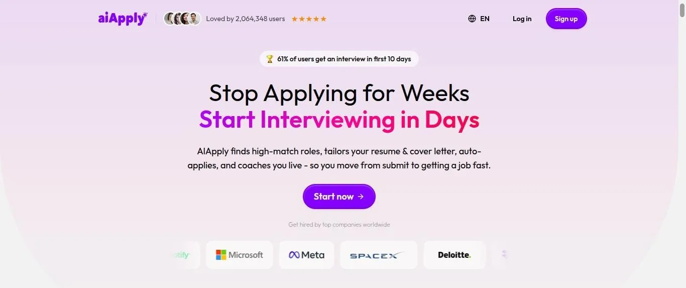 The AIApply homepage: "Stop Applying for Weeks, Start Interviewing in Days"