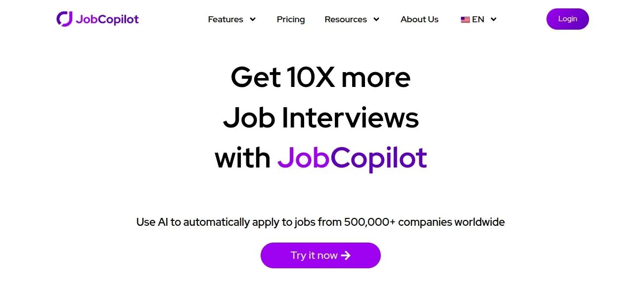 The JobCopilot homepage: "Get 10X more Job Interviews with JobCopilot"