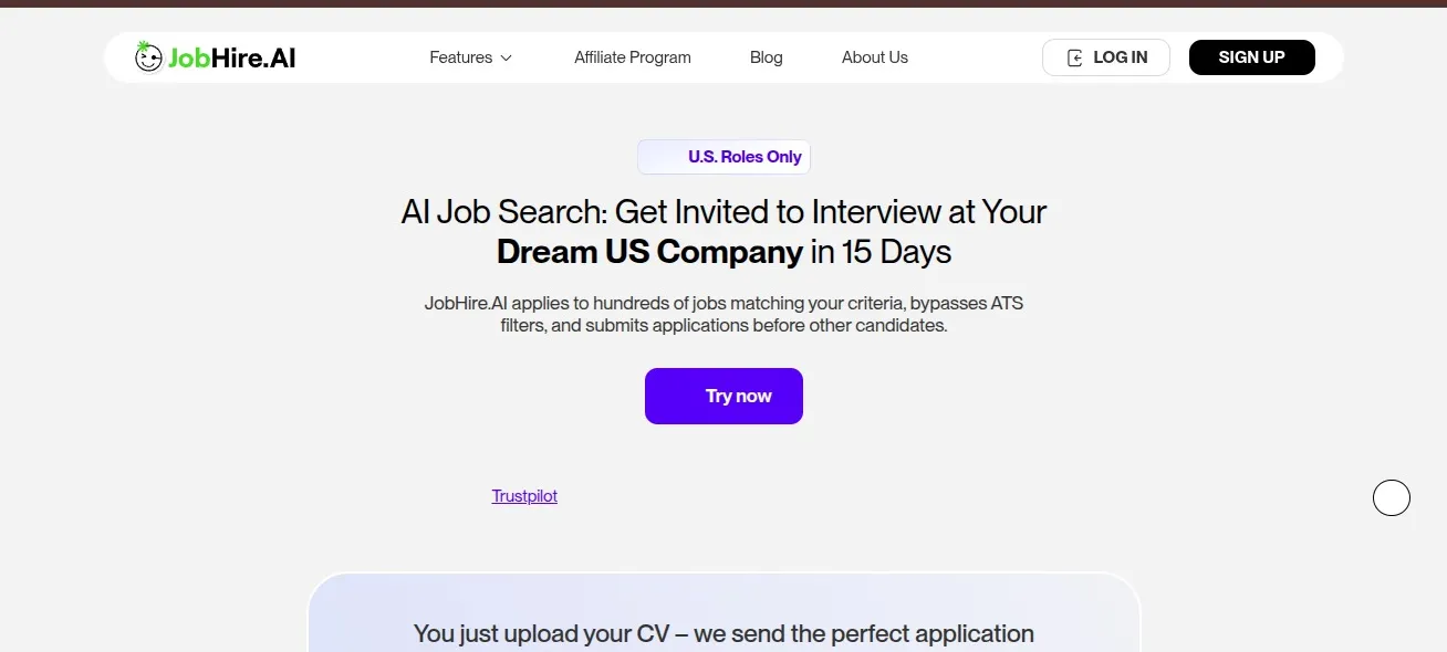 The JobHire.AI homepage, marked "U.S. Roles Only": "AI Job Search: Get Invited to Interview at Your Dream US Company in 15 Days"