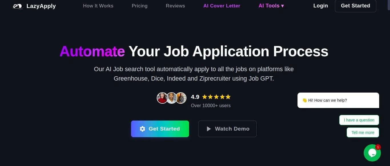 The LazyApply homepage: "Automate Your Job Application Process"