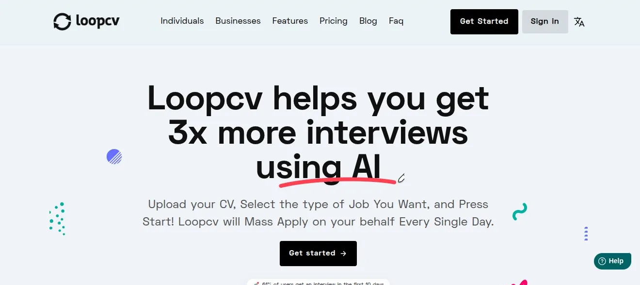The LoopCV homepage: "Loopcv helps you get 3x more interviews using AI"