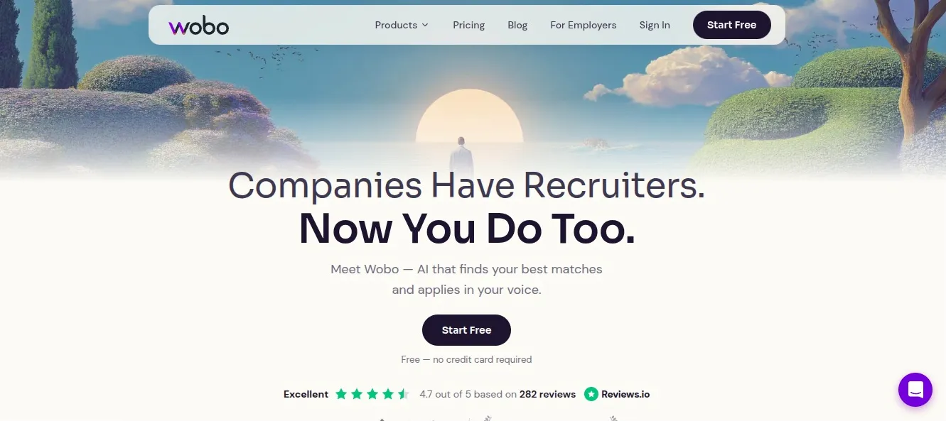 The Wobo homepage: "Companies Have Recruiters. Now You Do Too."