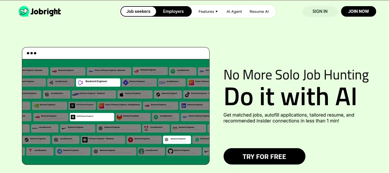 The Jobright homepage: "No More Solo Job Hunting. Do it with AI"