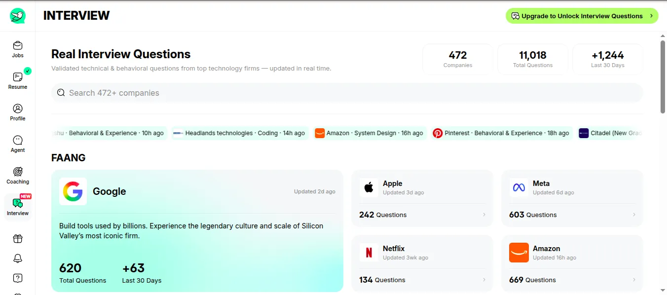 Jobright's interview page: 11,018 real interview questions from 472 companies, with 1,244 added in the last 30 days, and an "Upgrade to Unlock Interview Questions" button