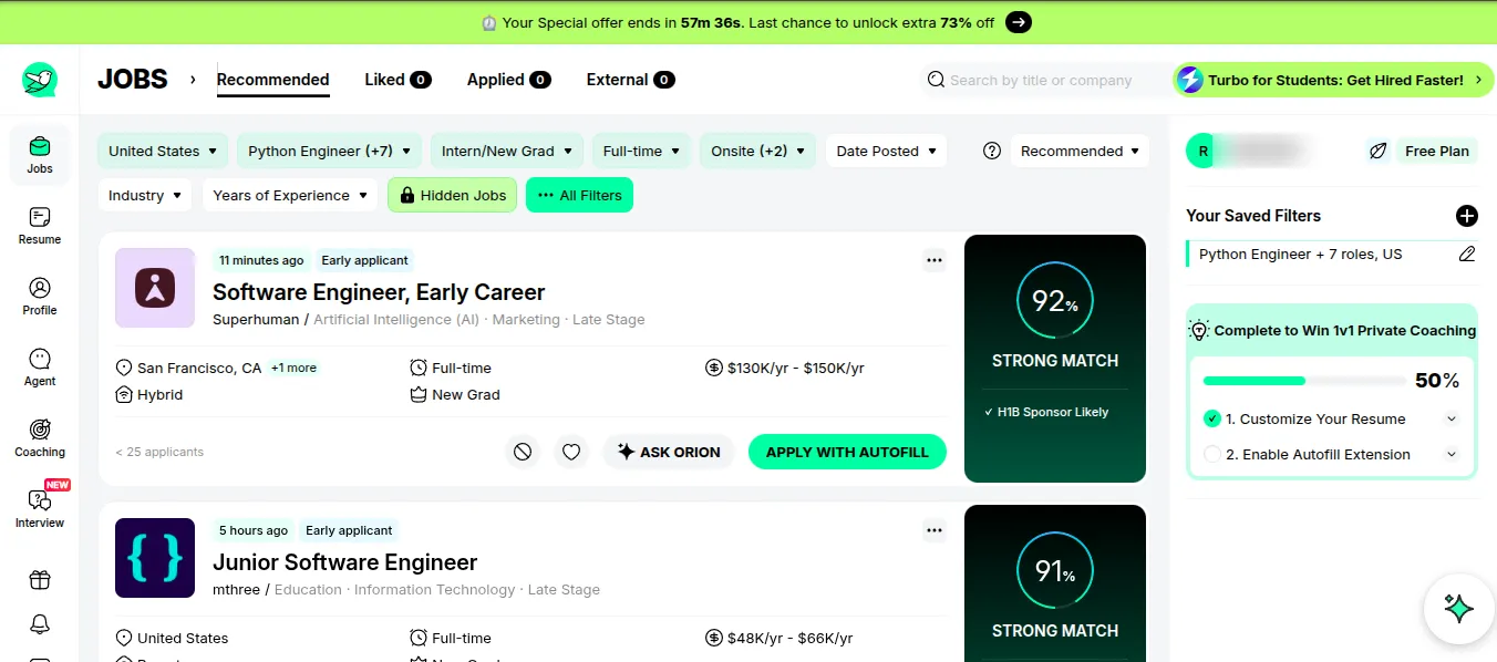 My Jobright job matches: a 92% Strong Match for a Software Engineer, Early Career role at Superhuman and a 91% match for a Junior Software Engineer role, filtered to the United States, Python Engineer and Intern/New Grad