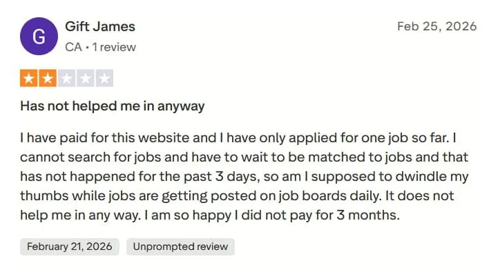 A two-star Trustpilot review of Jobright from February 2026, saying the reviewer had waited three days to be matched to jobs and had applied to only one