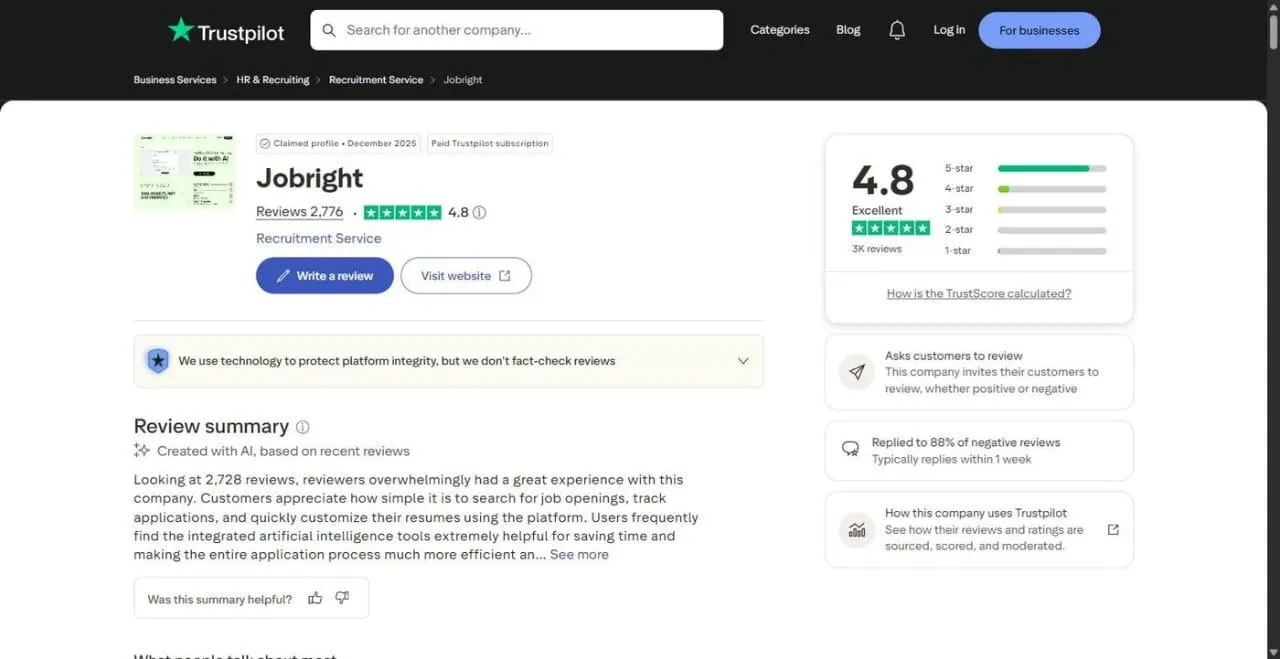 Jobright's Trustpilot page: 4.8 out of 5, rated Excellent, with an AI review summary saying reviewers appreciate the job search, application tracking and resume tools