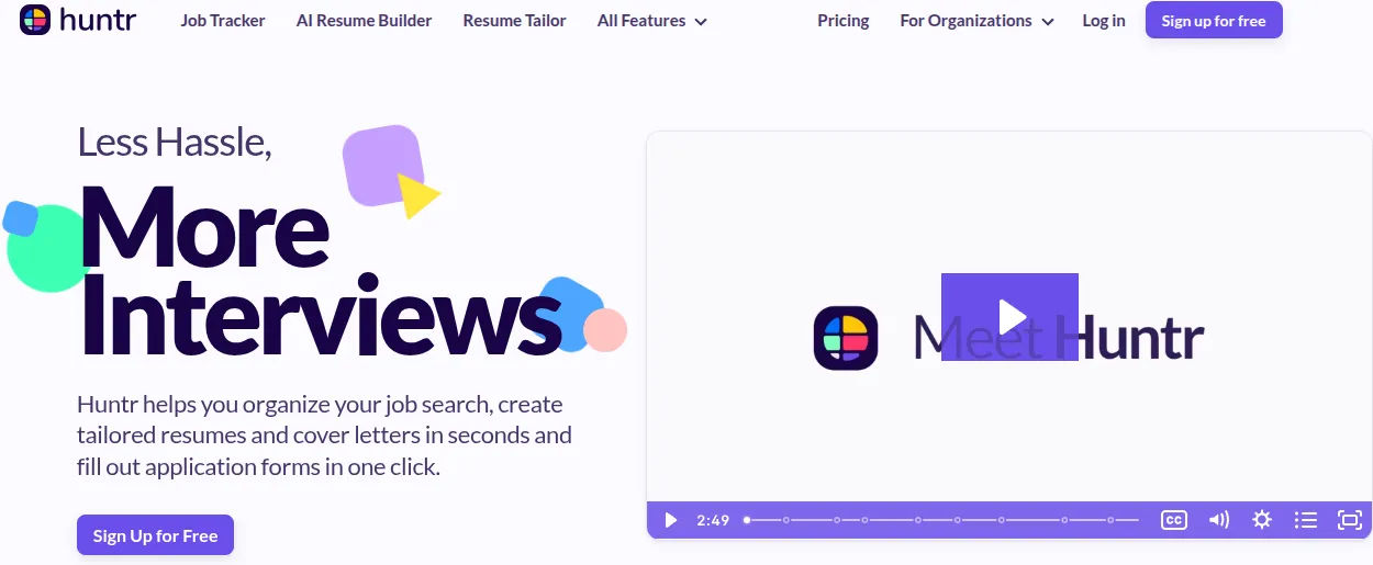 The Huntr homepage: "Less Hassle, More Interviews"