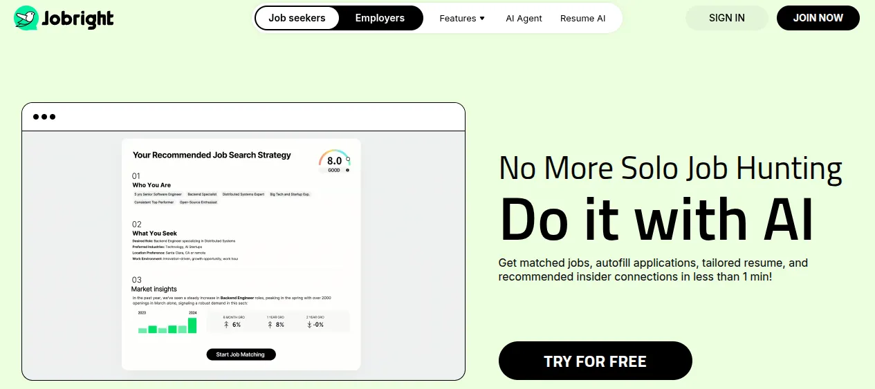 The Jobright homepage: "No More Solo Job Hunting. Do it with AI"