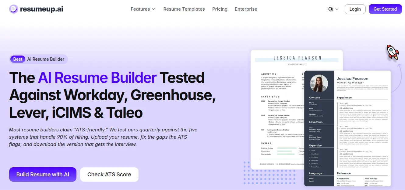 The ResumeUp.AI homepage: "The AI Resume Builder Tested Against Workday, Greenhouse, Lever, iCIMS & Taleo"