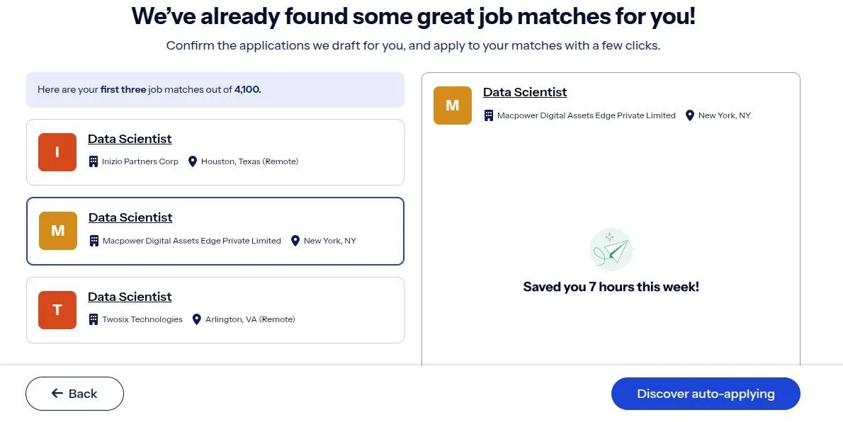 Sonara's first three Data Scientist matches out of 4,100: one in New York, NY and two remote roles in Houston, Texas and Arlington, VA