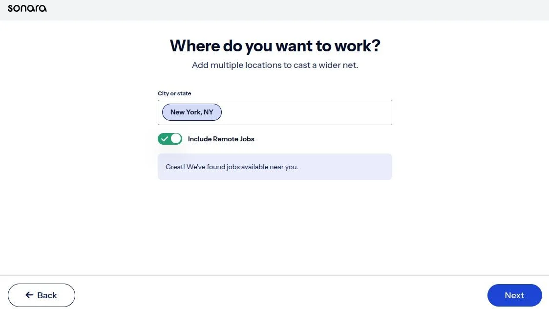 Sonara's location step with New York, NY selected and "Include Remote Jobs" turned on