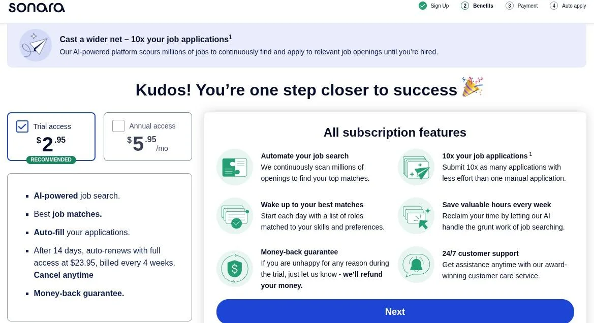 Sonara's plan screen: a $2.95 trial that auto-renews at $23.95 every 4 weeks after 14 days, or annual access at $5.95 a month, with a money-back guarantee during the trial