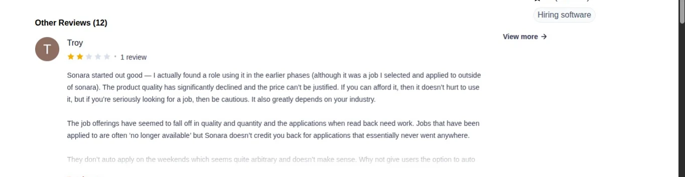 A two-star Product Hunt review of Sonara saying job quality has declined and that applications to jobs no longer available weren't credited back
