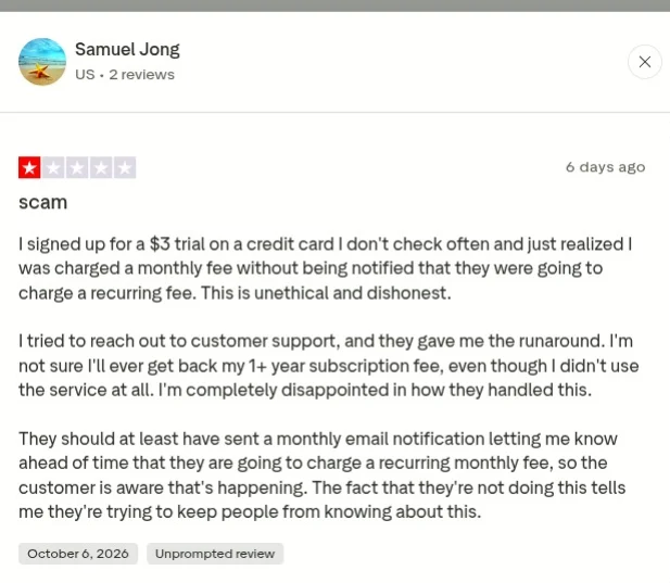 A one-star Trustpilot review of Sonara from October 2026, saying the reviewer signed up for a $3 trial and was later charged a recurring fee without notice