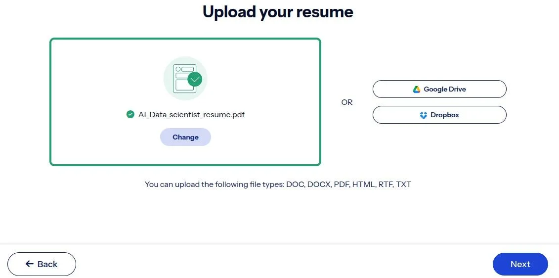 Sonara's setup screen for uploading a resume as a DOC, DOCX, PDF, HTML, RTF or TXT file, or from Google Drive or Dropbox