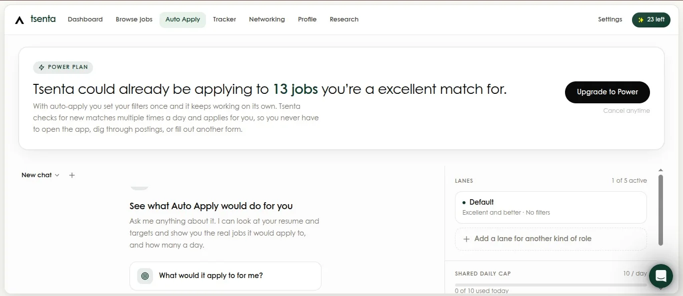 Tsenta's Auto Apply page prompting an upgrade to the Power plan, with an AI chat, 1 of 5 lanes active and a shared daily cap of 10 applications
