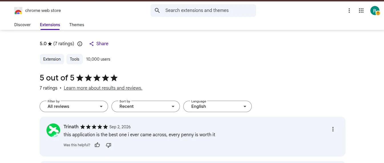 A five-star Chrome Web Store review of the Tsenta extension from September 2026 calling it the best application the reviewer has come across