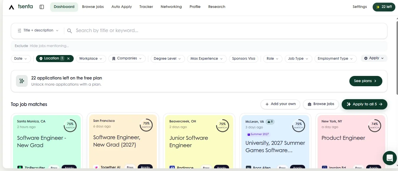 Tsenta's dashboard with filters for location, workplace, degree level, max experience and visa sponsorship, 22 applications left on the free plan, and top job matches scored 74% to 75%
