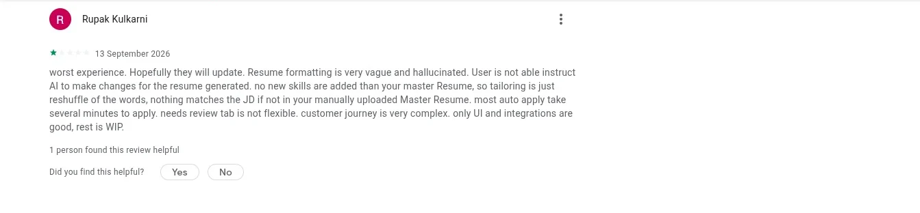 A one-star Google Play review of Tsenta from September 2026 describing vague resume formatting, limited control over AI changes, and auto-apply taking several minutes