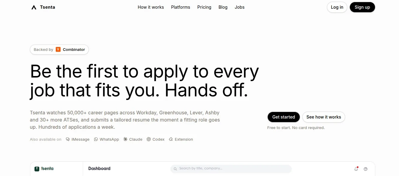 The Tsenta homepage: "Be the first to apply to every job that fits you. Hands off."