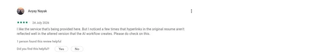 A four-star Google Play review of Tsenta from July 2026 noting that hyperlinks in the original resume weren't always kept in the AI version