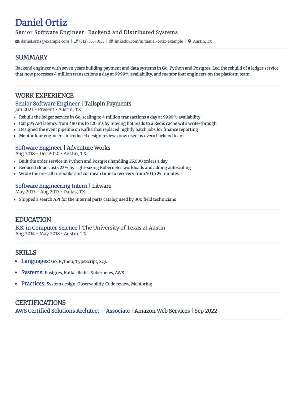 Avenue resume template, one column