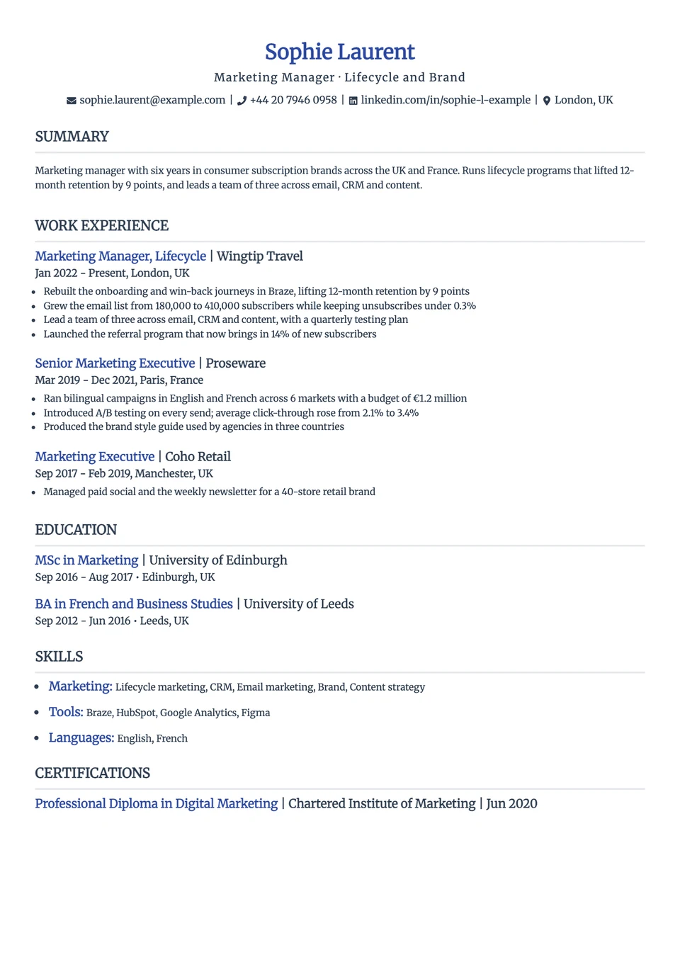 Clarity resume template, one column