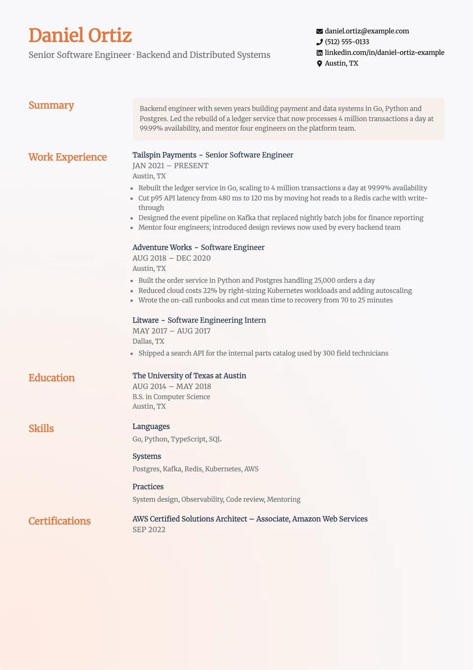 Column resume template, one column