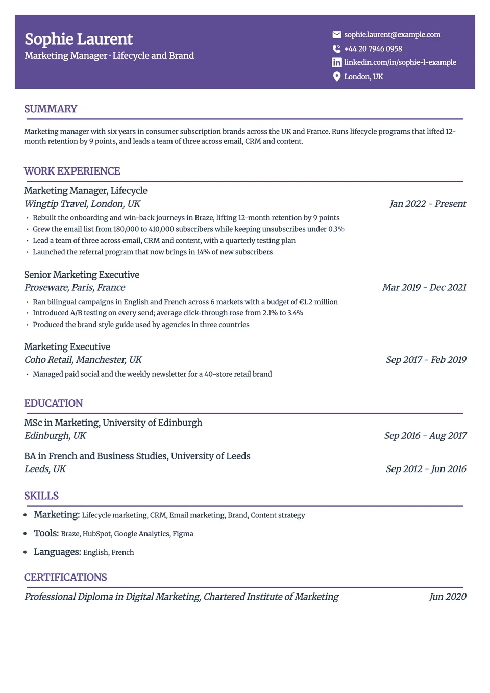 Horizon resume template, one column