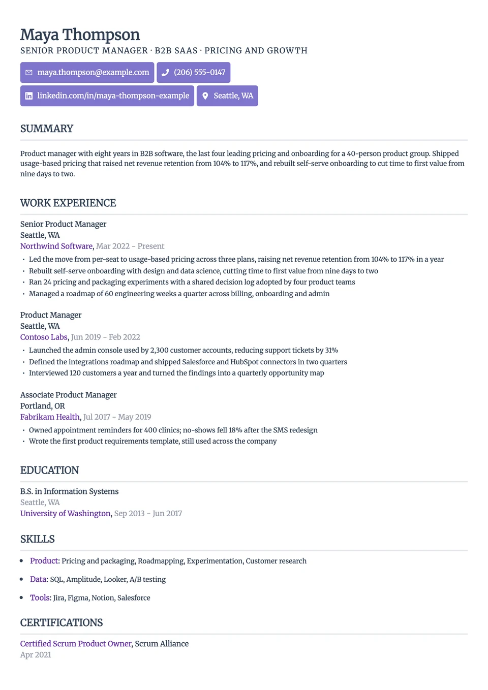 Linear resume template, one column