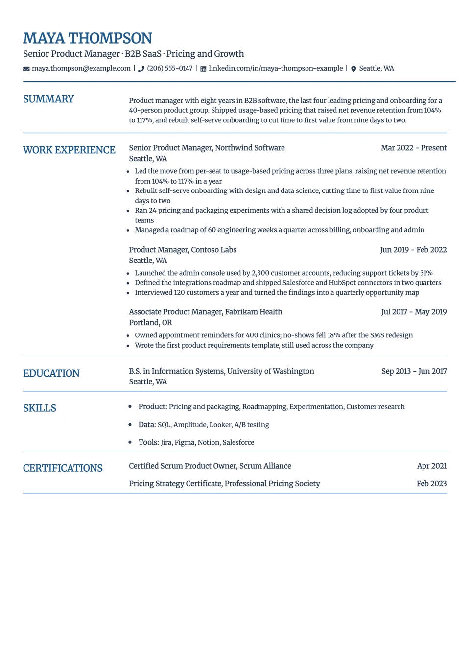 Meridian resume template, one column