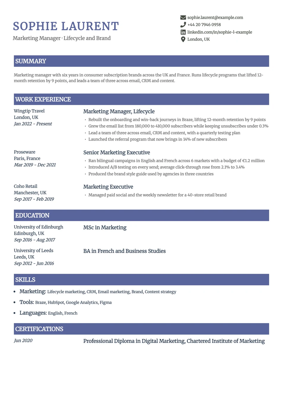 Spark resume template, one column